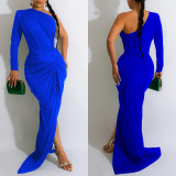 Fashion Women's Solid Color Slash Shoulder Single Long Sleeve Long Pleated Dress