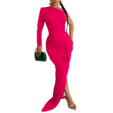 Fashion Women's Solid Color Slash Shoulder Single Long Sleeve Long Pleated Dress