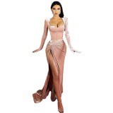 Women's Fall Winter Chic Slim Fit Sexy Plunging High Waist Gloves Velvet Dress