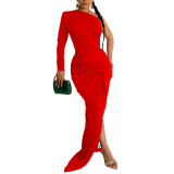 Fashion Women's Solid Color Slash Shoulder Single Long Sleeve Long Pleated Dress