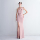 Press-folded beading one-shoulder slim-fit fishtail wedding dress