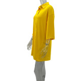 Solid Turndown Collar Long Shirt Casual Shorts Set Women's Two Piece