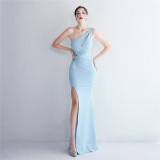 Press-folded beading one-shoulder slim-fit fishtail wedding dress
