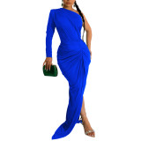 Fashion Women's Solid Color Slash Shoulder Single Long Sleeve Long Pleated Dress