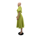 Round Neck Chic Puff Sleeve Slim Waist Swing A-Line Dress