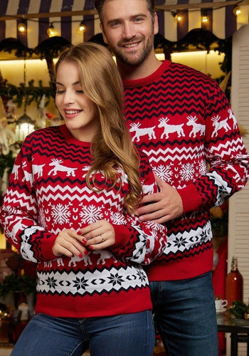 Sweater Couple Men's Women's Christmas Sweater Round Neck Elk Jacquard Long Sleeve Sweater