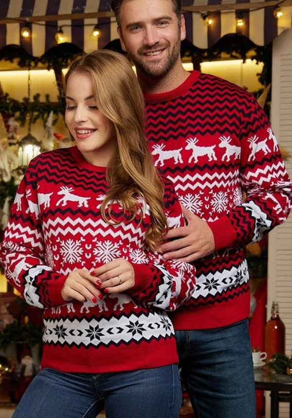 Sweater Couple Men's Women's Christmas Sweater Round Neck Elk Jacquard Long Sleeve Sweater