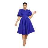 Round Neck Chic Puff Sleeve Slim Waist Swing A-Line Dress