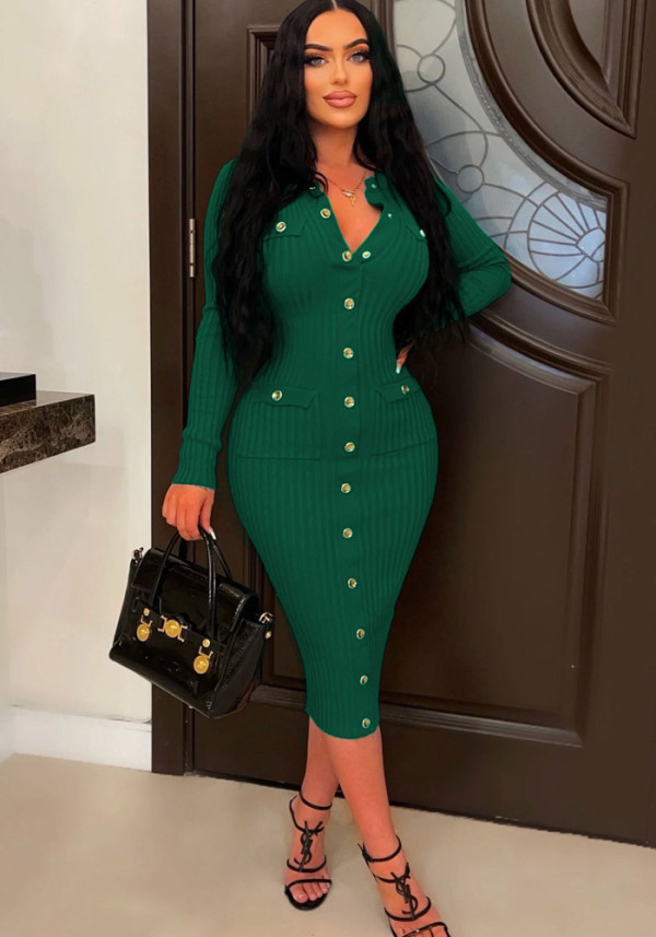 Sexy Slim Fit Solid Color Ribbed Long Bodycon Dress