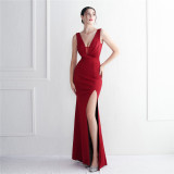 Toast dress bride long long sleeve red slim fishtail wedding dress
