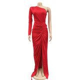 Fashion Women's Solid Color Slash Shoulder Single Long Sleeve Long Pleated Dress