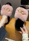 Autumn and winter metal chain plush slippers women's fashion warm large fur flat slippers