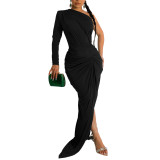 Fashion Women's Solid Color Slash Shoulder Single Long Sleeve Long Pleated Dress
