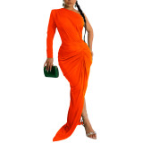 Fashion Women's Solid Color Slash Shoulder Single Long Sleeve Long Pleated Dress