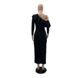 One Shoulder Ruffled Chic Evening Dress Slim Lace Bodycon Dress