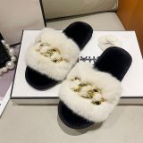 Autumn and winter metal chain plush slippers women's fashion warm large fur flat slippers