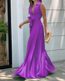 Women'S Fall Fashion V-Neck Sleeveless Turndown Collar Loose Wide Leg Jumpsuit