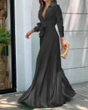 Women'S Fall Fashion V-Neck Long Sleeve Turndown Collar Loose Wide Leg Jumpsuit