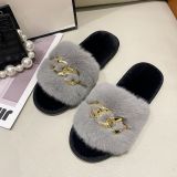Autumn and winter metal chain plush slippers women's fashion warm large fur flat slippers