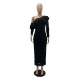 One Shoulder Ruffled Chic Evening Dress Slim Lace Bodycon Dress