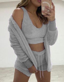 Loungewear Long Sleeve Plush Fashion Casual Three-Piece Jacket Tank Top Shorts Tracksuit