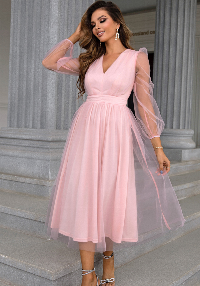 Women Fall V-Neck Mesh A-line Party Dress