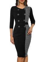 Women Button Houndstooth Patchwork Bodycon Dress Women Button Houndstooth Patchwork Bodycon Dress