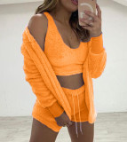 Loungewear Long Sleeve Plush Fashion Casual Three-Piece Jacket Tank Top Shorts Tracksuit