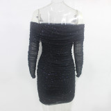 Womens Sexy Off Shoulder Off Shoulder Pleated Bodycon Dress