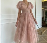 Women v-neck lantern sleeve sparkling mesh dress