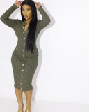 Ribbed Button Pocket Tight Fitting Stretch Dress