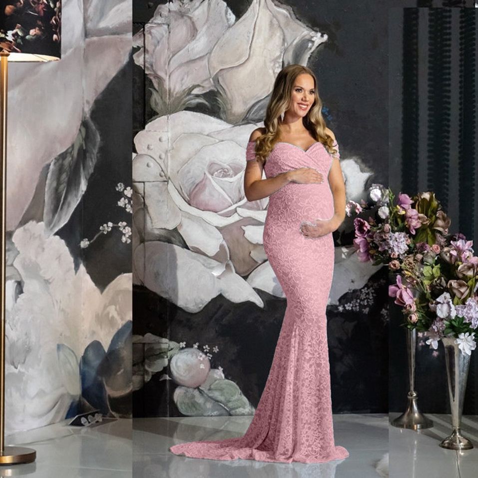 Women'S Lace Pregnant Women Trailing Short Sleeve Evening Dress Wedding Dress