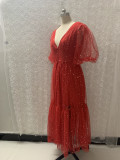 Women v-neck lantern sleeve sparkling mesh dress