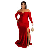 Autumn And Winter Plus Size Women'S Sexy Dress V Neck Solid Color Split Long Nightclub Dress