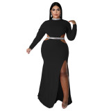 Fall Women'S Fashion Sexy Open Waist Slit Long Sleeve Maxi Dress