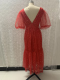 Women v-neck lantern sleeve sparkling mesh dress