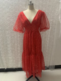 Women v-neck lantern sleeve sparkling mesh dress