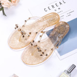 Women Rivet Shoes Bow Flip-Flops Summer Outwear Beach Flat Bottom Transparent Slippers