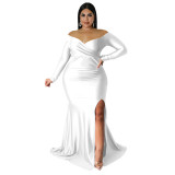 Autumn And Winter Plus Size Women'S Sexy Dress Nightclub V-Neck Solid Color Split Long Dress