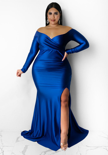 Autumn And Winter Plus Size Women'S Sexy Dress Nightclub V-Neck Solid Color Split Long Dress