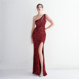 Elegant Beading One-Shoulder Slim-Fit Fishtail Wedding Party Evening Dress