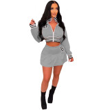 Women Casual Long Sleeve Letter Print Baseball Jacket and Mini Skirt Two-Piece