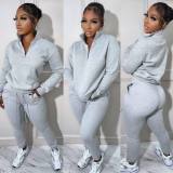 Women's Fashion Solid Hoodies Casual Sports Stand Collar Zip Cotton Two Piece