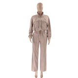 Autumn Winter Solid Color Zipper Double Pocket Drawstring Long Sleeve Top Fashion Casual Pants Suit