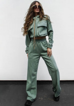 Autumn Winter Solid Color Zipper Double Pocket Drawstring Long Sleeve Top Fashion Casual Pants Suit