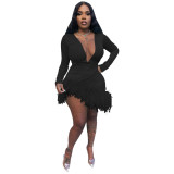 Autumn and winter sexy v-neck fringed dress