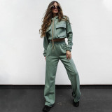 Autumn Winter Solid Color Zipper Double Pocket Drawstring Long Sleeve Top Fashion Casual Pants Suit