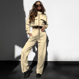 Autumn Winter Solid Color Zipper Double Pocket Drawstring Long Sleeve Top Fashion Casual Pants Suit