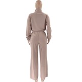 Autumn Winter Solid Color Zipper Double Pocket Drawstring Long Sleeve Top Fashion Casual Pants Suit