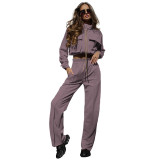 Autumn Winter Solid Color Zipper Double Pocket Drawstring Long Sleeve Top Fashion Casual Pants Suit